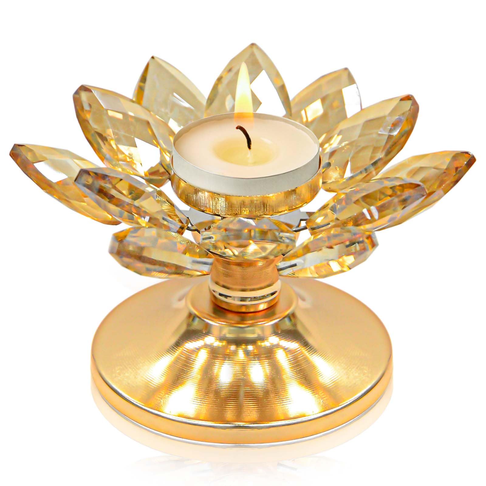 Photo 1 of 1 PC Gold Crystal Flower Tea Light Holder, Glass Tealight Candlestick with Metal Base, Votive Candle for Table Centerpiece, Wedding/Parties Decor, Nice Gift