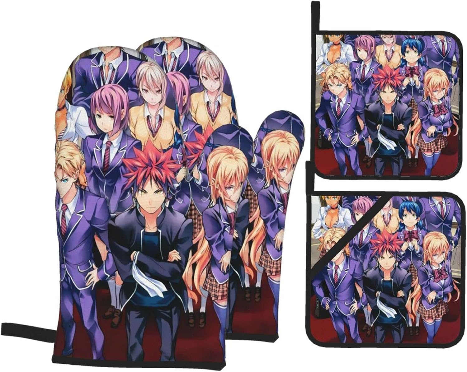 BattLeo Anime Food Wars Shokugeki No Soma Oven Mitts and Pot Holders Sets 4-Piece, Fireproof Non-Slip Surface Cooking Hanging Gloves, for Baking Grilling BBQ
