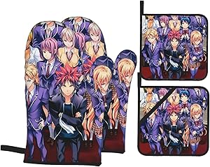 BattLeo Anime Food Wars Shokugeki No Soma Oven Mitts and Pot Holders Sets 4-Piece, Fireproof Non-Slip Surface Cooking Hanging Gloves, for Baking Grilling BBQ