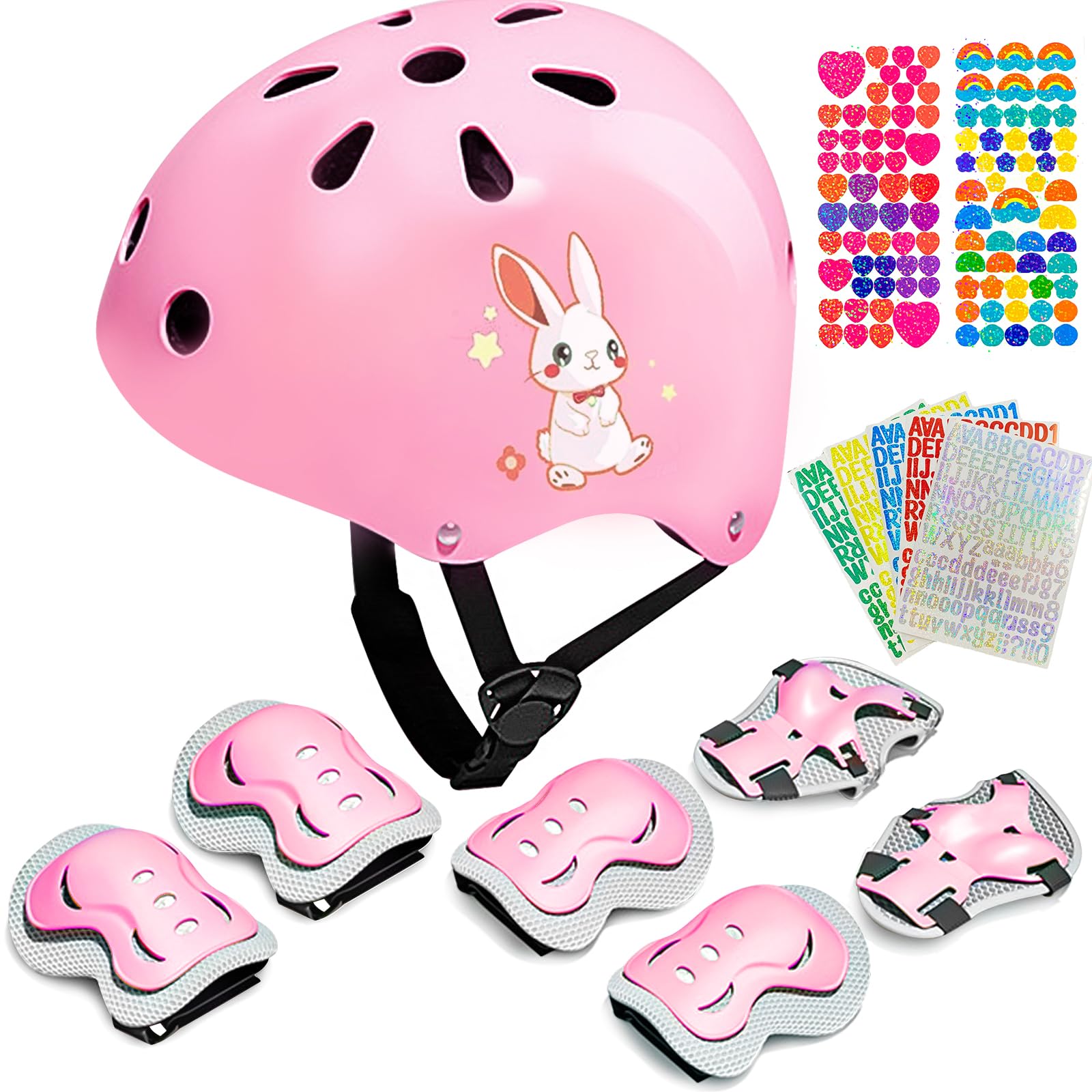 FALUCKYY Kids Bike Helmet,7PCS Kids Helmet-Knee & Elbow Pads Wrist Guards,Snow Ski Helmet Skateboard Helmet Scooter Helmet for Cycling Roller Skating(Pink)