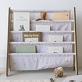 3 Sprouts Recycled Fabric Kids Bookshelf – 4-Tier Sling Book Rack Organizer - Nursery Room Playroom Classroom Wooden Book Shelves - Kid Bookcase Wood Storage Shelf for Toddler Age 3+ - Blueberry Taupe