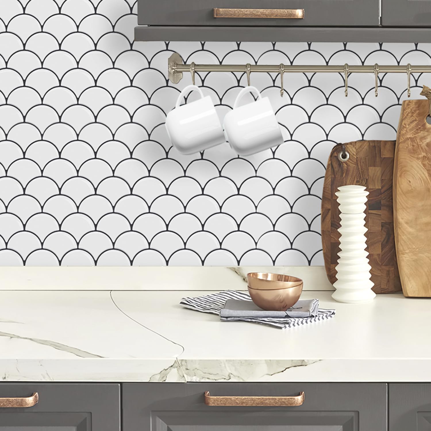 DÉCOR WOW Peel & Stick Backsplash for Kitchen & Bathroom, (8) 12×12-inch Sheets Covers 8 Sq. Ft, White Scallop