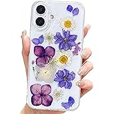 Abbery for iPhone 16 Case Cute Clear with Dry Real Floral Design Soft TPU Aesthetic Shockproof Protective Women Girl's Kawaii Trendy Violet Purple Flower Phone Case for iPhone 16