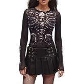 Women Halloween Skeleton Print Mesh Shirt Long Sleeve Gothic Graphic T Shirt See Through Fitted Goth Costume Party Top