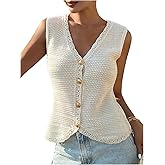 GORGLITTER Women's Crochet Tops Boho Button Up Knit Tank Top Cute Sleeveless Curve Hem Summer Vacation Going Out Outfits