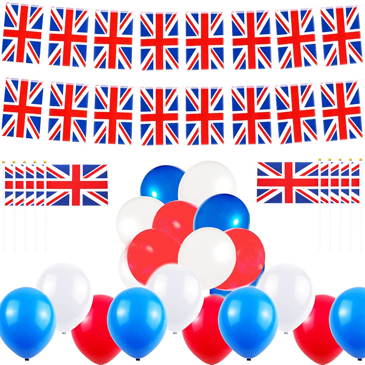 AhfuLife Union Jack Flags Set, 30pcs British Banners 10m Bunting, 10pcs Union Jack Handheld Flags and 30pcs Red White Blue Balloons for World Cup Football Street Garden Party Decorations