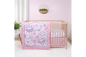 The Peanutshell 3 Piece Baby Crib Bedding Set for Girls - Newborn, Infant & Toddler Nursery Bed Set Decor with Fitted Crib Sheet, Dust Ruffle, Crib Comforter - Butterfly Song