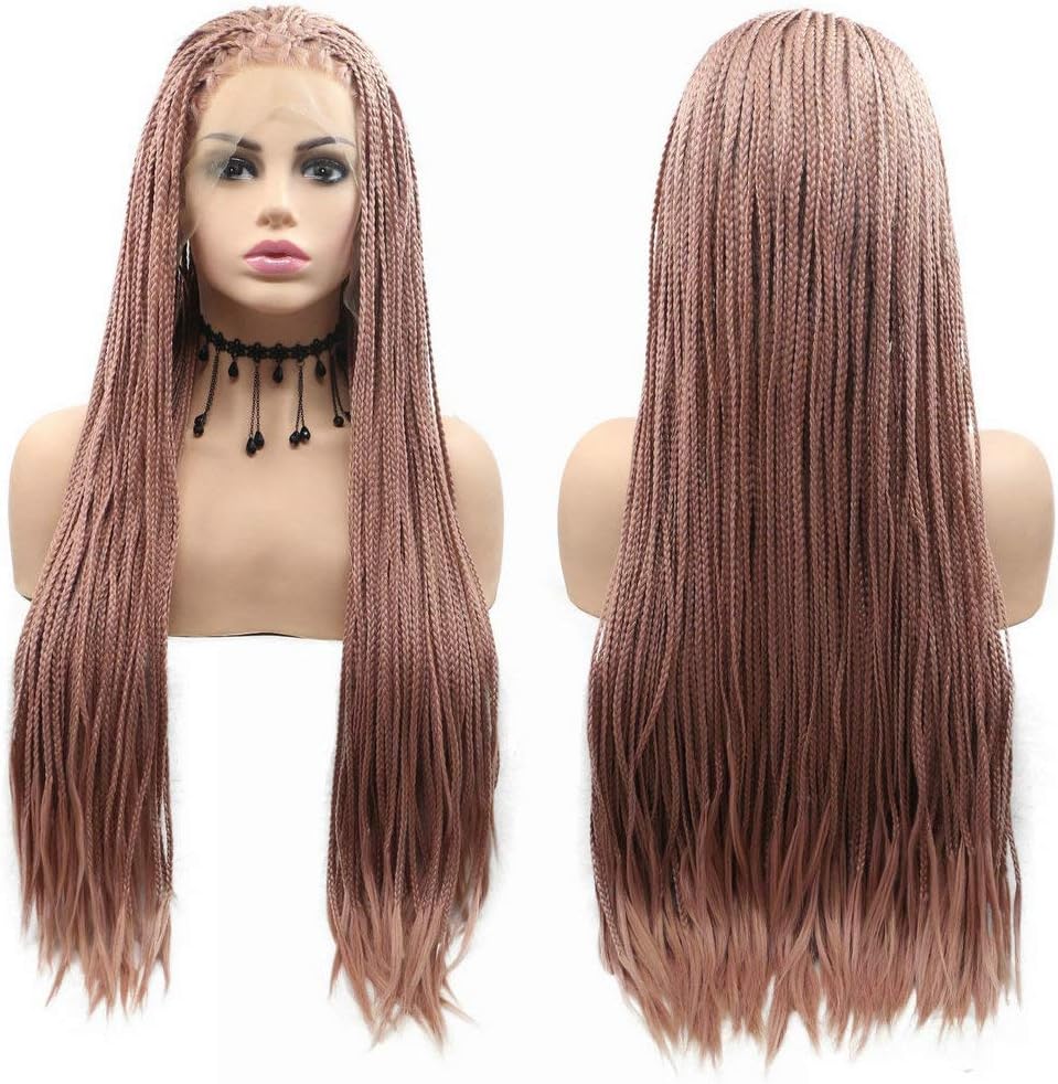 Box Braided Afro America Wig Braids Wig Dirty Pink Color Synthetic Lace Front Wigs Pastel Pink Handmade Wig for Drag Queen Long Hair