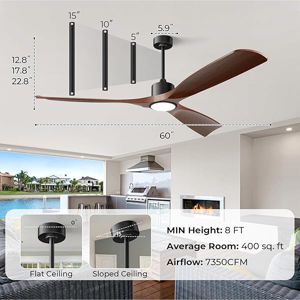 BOOSANT CEILING FANS WITH LIGHTS, CEILING FANS WITH LIGHTS AND REMOTE, 60 INCH MODERN SMART CEILING FAN WITH LIGHT, OUTDOOR CEILING FANS FOR PATIOS 3 BLADE BEDROOM LIVING ROOM PORCH(DARK WALNUT)