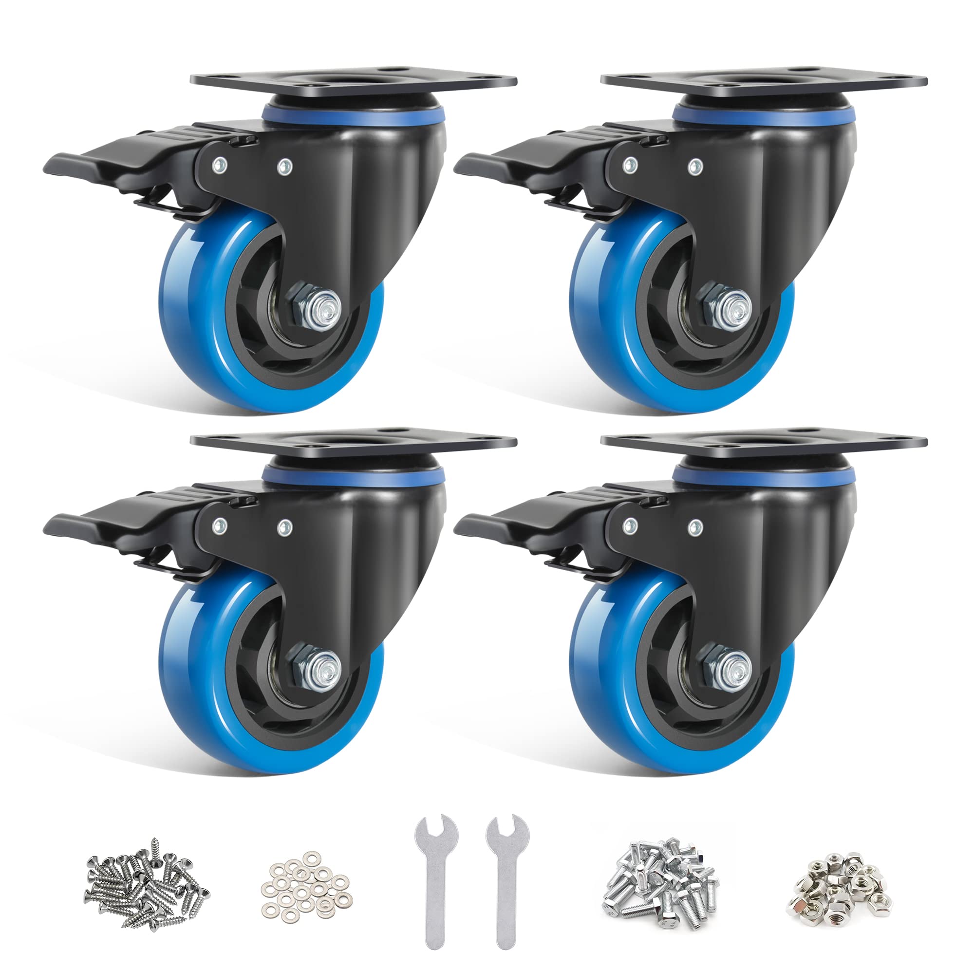 BAOLIHUI 75 mm Blue Swivel Castors Set of 4, Heavy Duty with Brake, Screws and Dust Protection Ring for Indoor and Outdoor Use