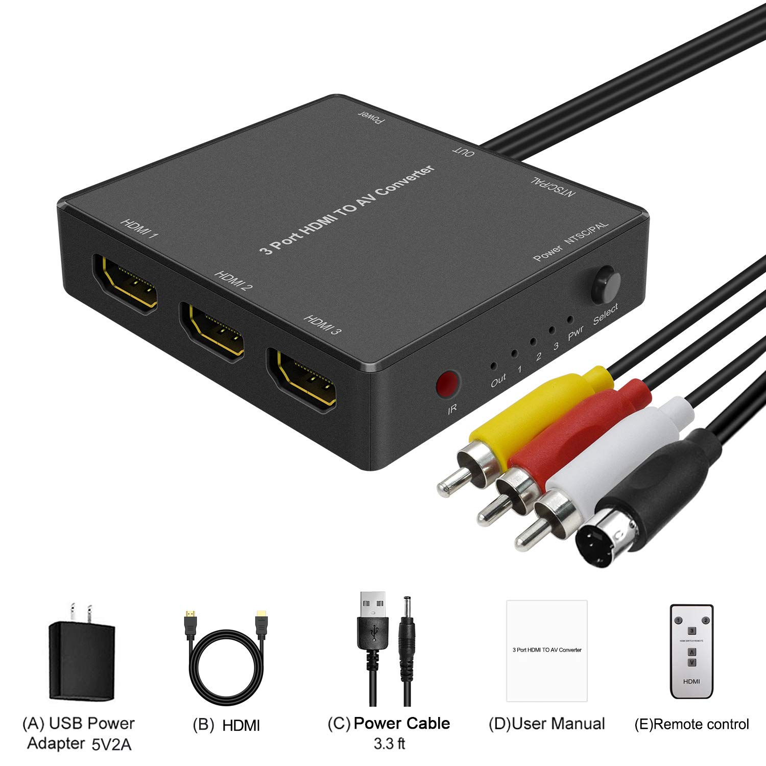 3 Port HDMI to AV/SVideo Adapter, HDMI to AV Converter for Fire