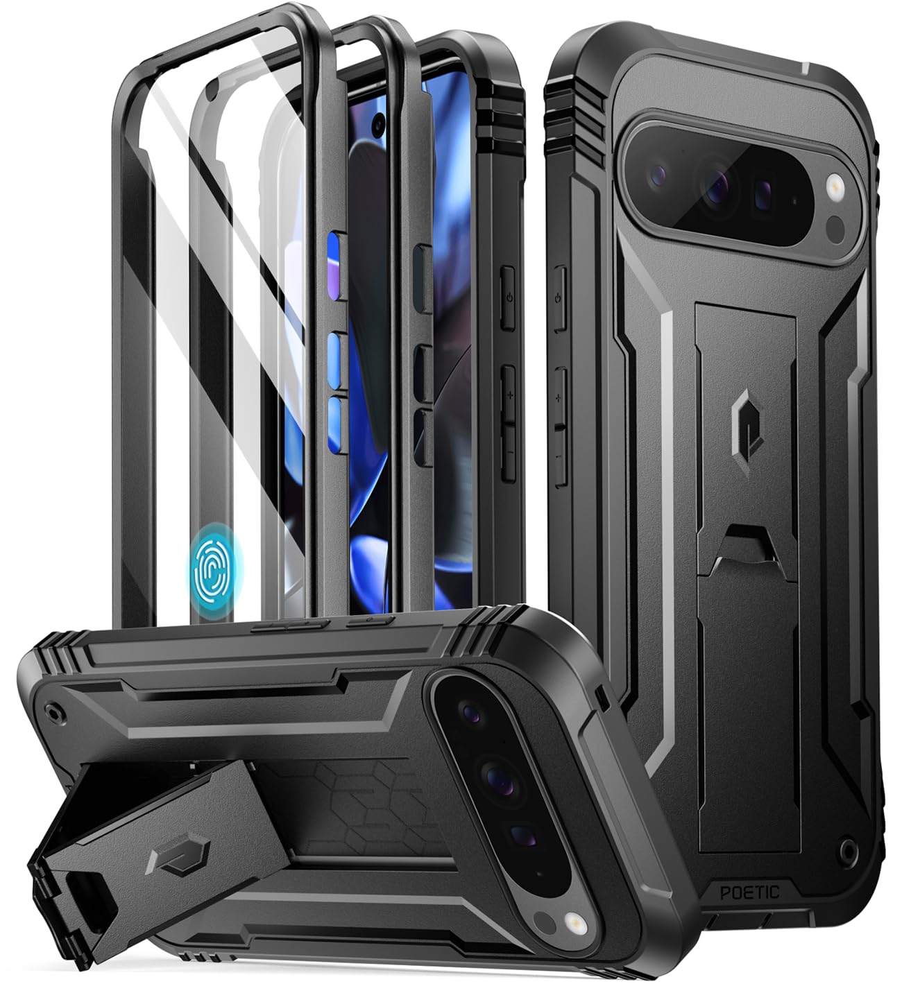 Poetic Revolution Case for Google Pixel 9 Pro XL 5G 6.8 inch, Built-in Screen Protector Work with Fingerprint ID, Full Body Military Grade Rugged Shockproof Protective Cover Case with Kickstand, Black — image 1