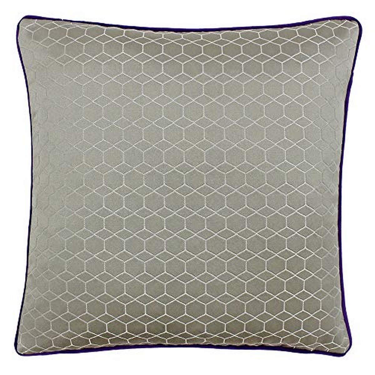Riva Paoletti Balham Polyester Filled Cushion - Taupe Grey - Geometric Hexagonal Design - Jacquard Weave - Contrasting Purple Piped Edges - 58% Linen 42% Polyester - 45 x 45cm (18" x 18" inches)