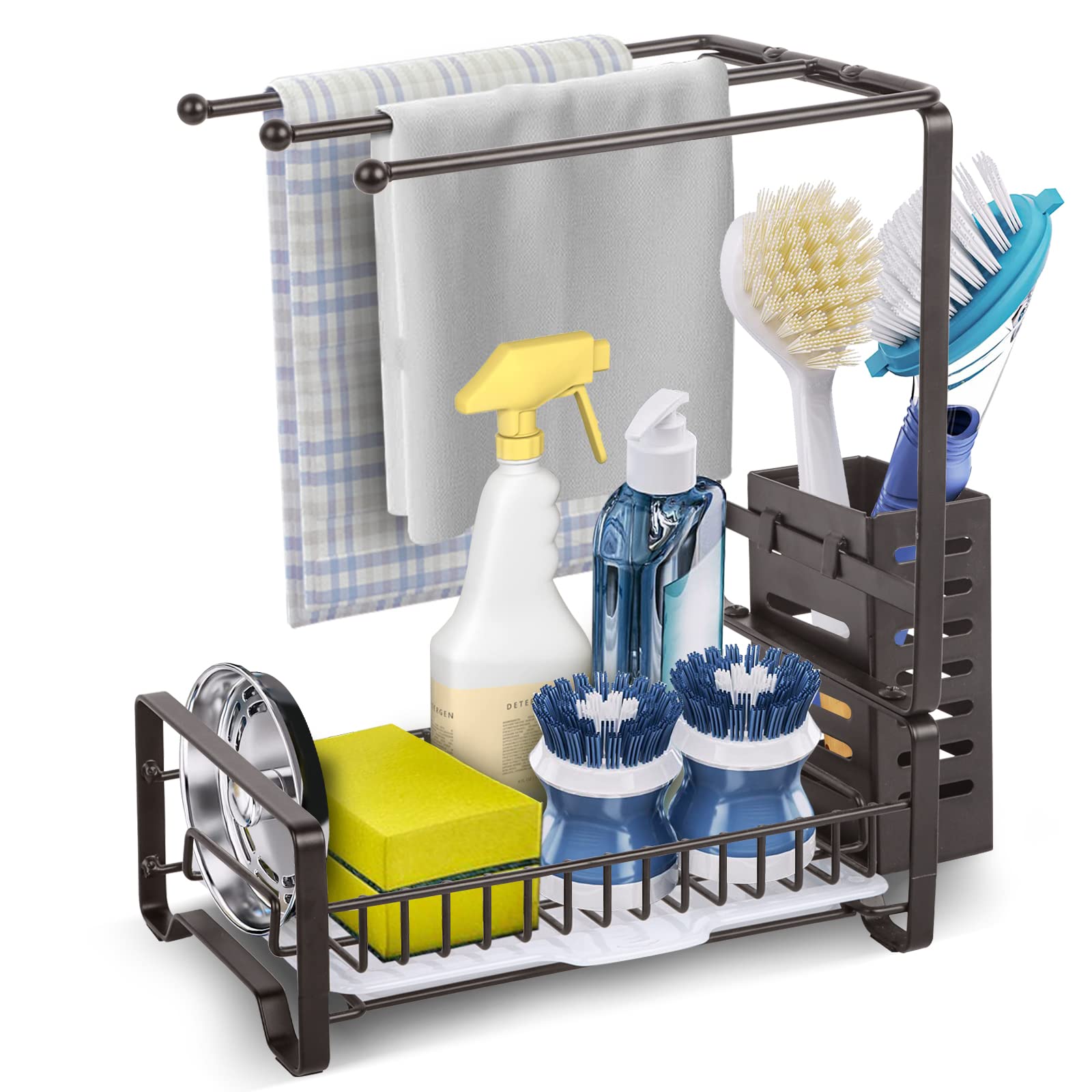 Fuleadture Sponge Holder, Sink Organizer with Drain Pan, Kitchen Counter Organizer Sponge Brush Soap Dish Dishcloth Holder Rack, Sink Tray Drainer Rack Stainless Steel (Bronze)