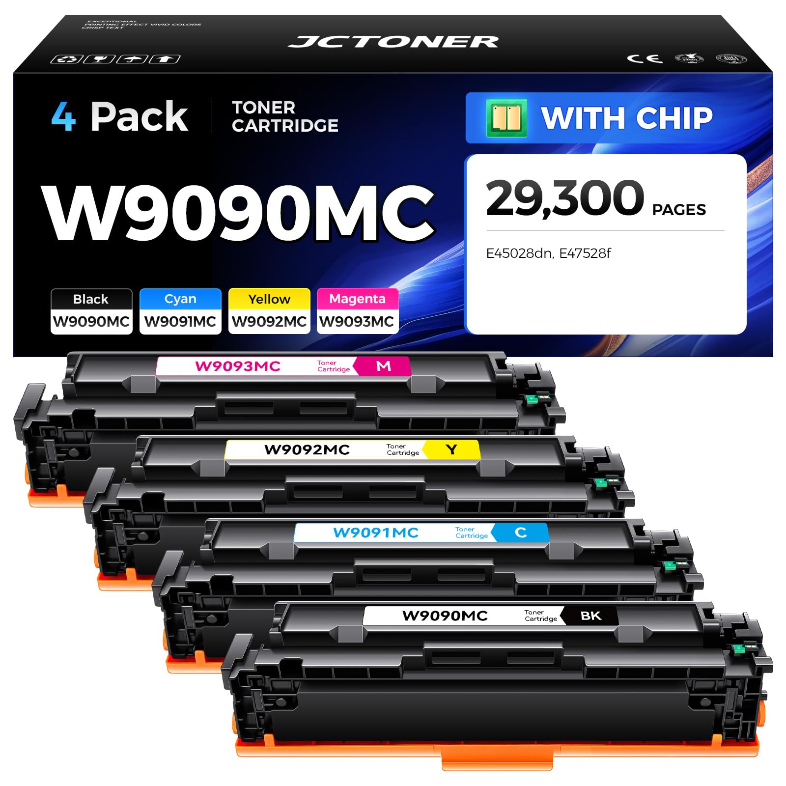 Photo 1 of W9090MC High Capacity Toner Cartridge Set 4-Pack with Chip Replacement for HP W9090MC W9091MC W9092MC W9093MC Compatible with HP Color LaserJet Managed E45028dn MFP E47528f Printer Ink Copy Black Cyan
