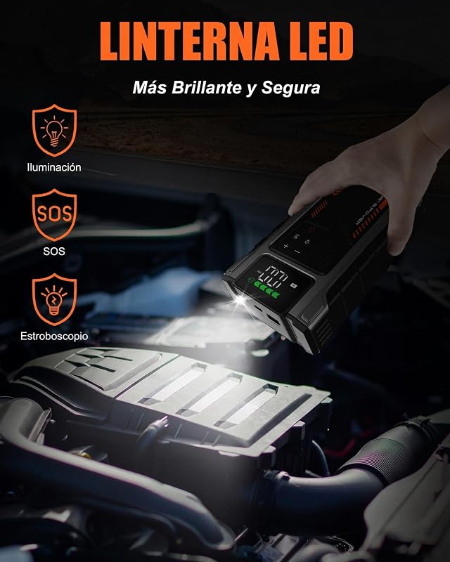 Motor de arranque da bateria do carro com compressor de 150 PSI, motor de arranque de 6000A (para gasolina 9.0L ou diesel 7.5L), amplificador de bateria de 12V com ecrã LCD, lanterna LED