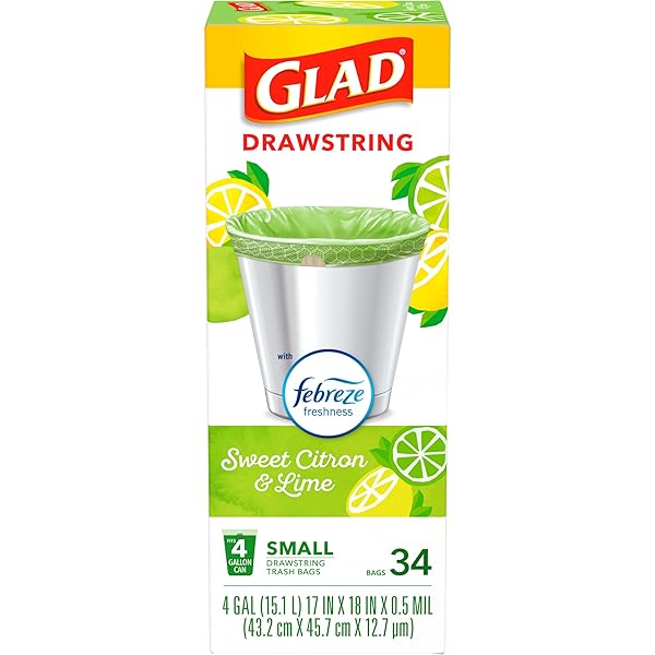 GLAD SMALL KITCHEN DRAWSTRING TRASH BAGS, 4 GALLON, FEBREZE SWEET CITRON & LIME, 34 COUNT