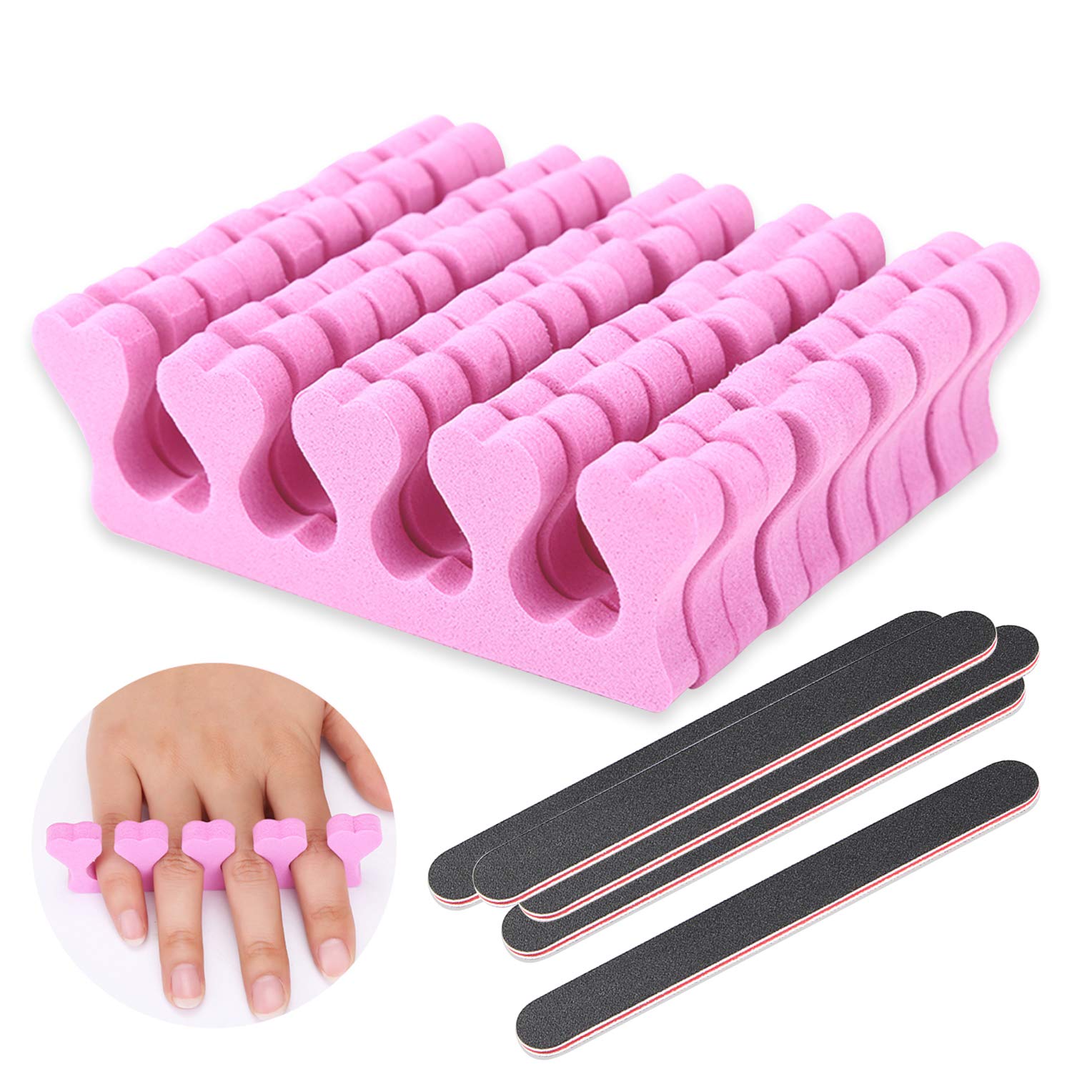 Soft Foam Toe Separators, 50 Pcs/ 25 Pairs Heart Shaped Pedicure Toe Stretcher Nail Spacers Finger Dividers with 5 Nail Files for Toes & Finger Relaxing Holding