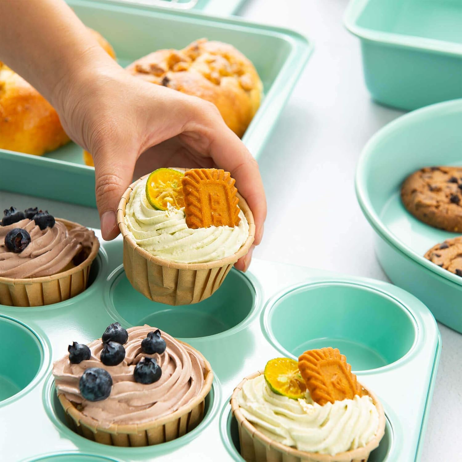 Rorence Bakeware Set Nonstick: Cookie Sheet, Rectangular Cake Pan, 2 Round Cake Pans, Muffin Pan, Loaf Pan & Cooling Rack - Set of 7 - Mint Green: Kitchen & Dining