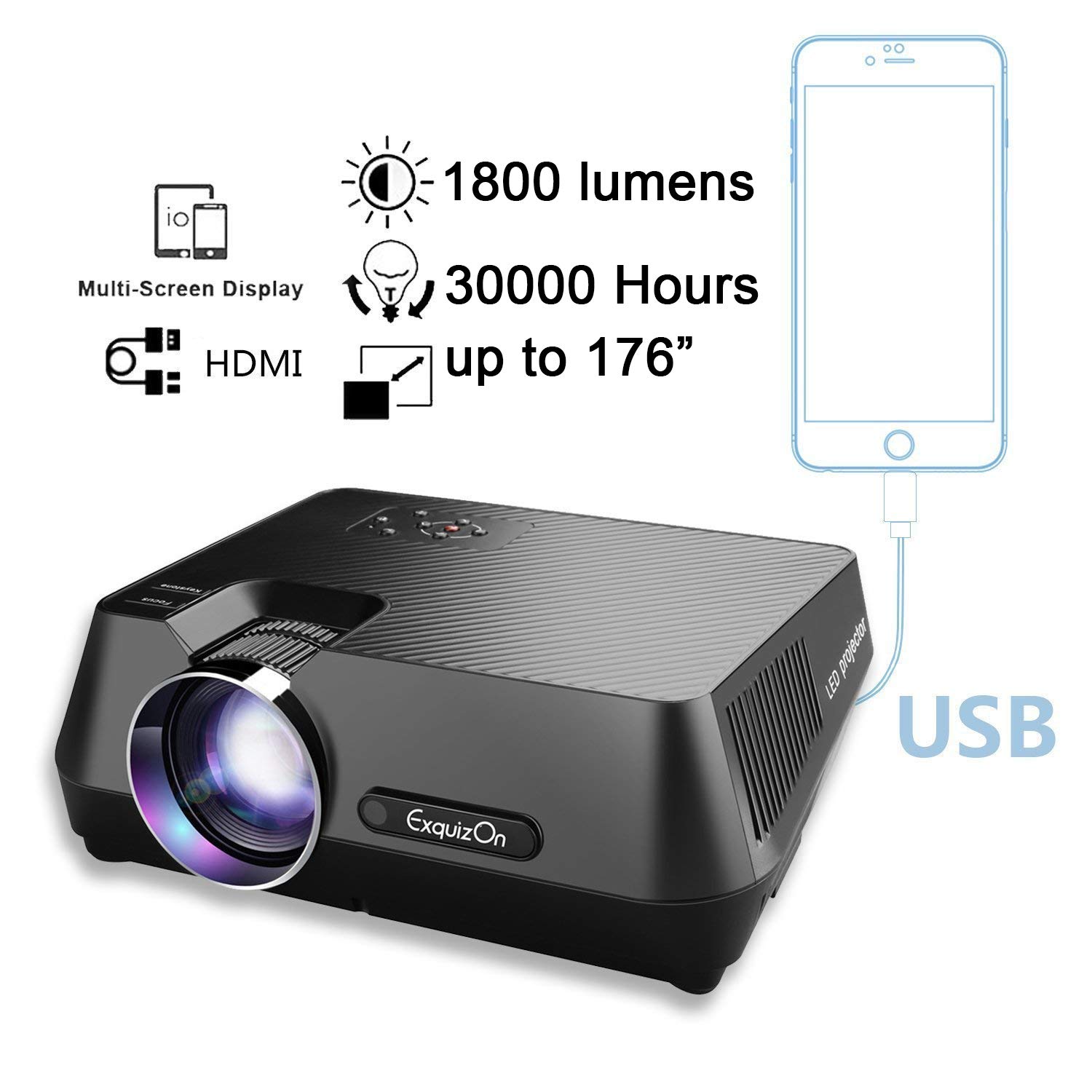 ExquizOn 2018 New Updated Mini Video Projector, 30% Lumens Brighter, New Smart Phone Mirror Function by Lighting or Micro USB Cable, 1800 Lumens Home Theater HDMI USB VGA AV TF (Gt-S9)
