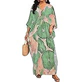Bsubseach Plus Size Kaftan Dresses for Women V Neck Swimsuit Coverup Floral Print Caftan Maxi Beach Dress