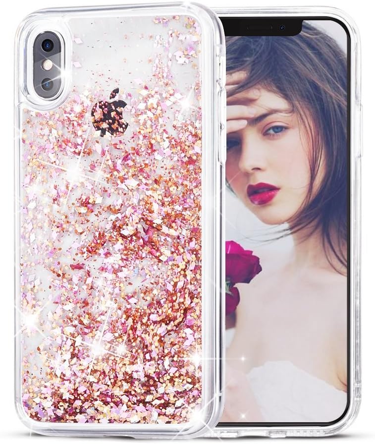 SUPVIN Creative Glitter Liquid Sparkle Bling Bumper Case Clear [TPU+PC] Floating Quicksand Protective Grily Cute Phone Cover Compatible for iPhone X/iPhone 10 (Pink)