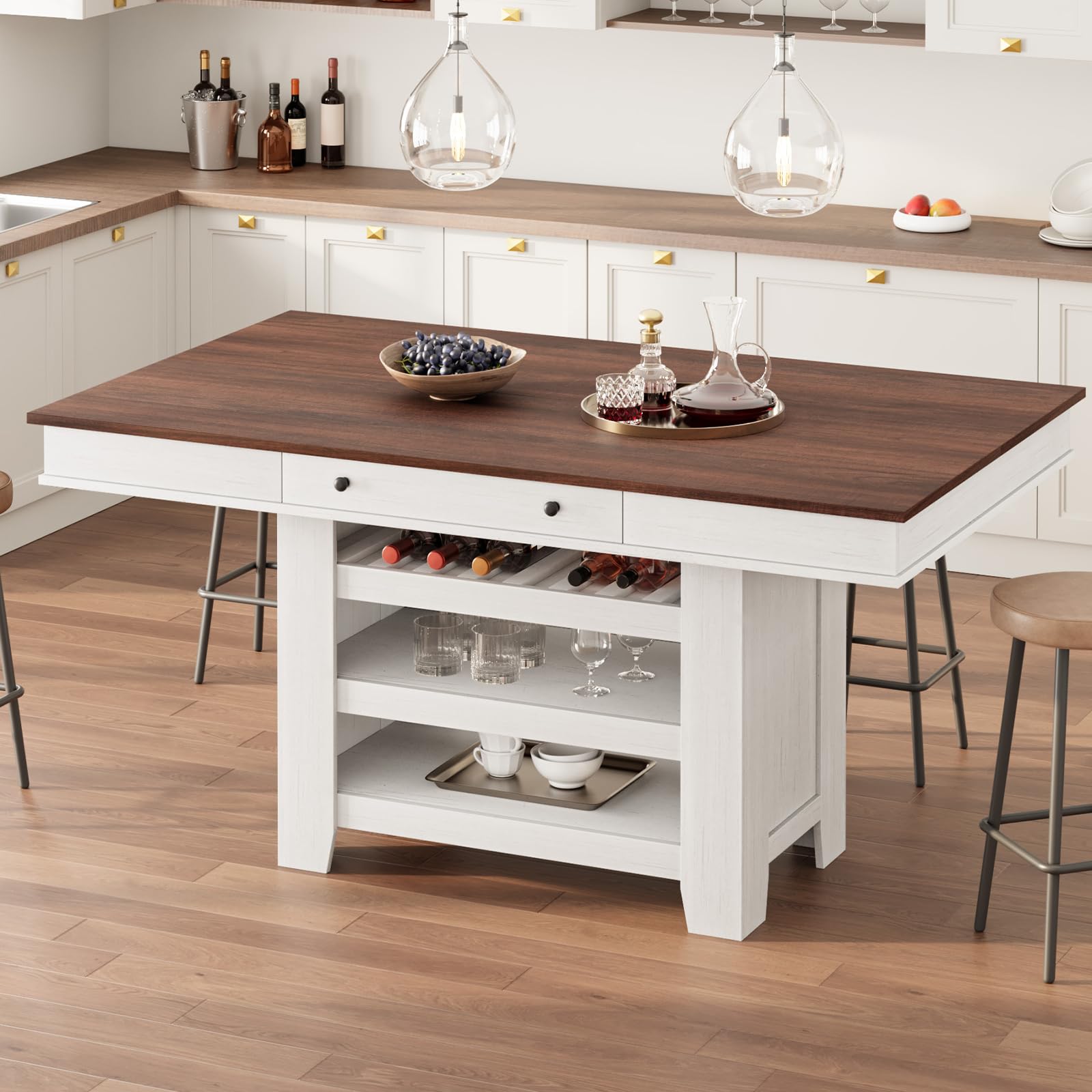 Photo 1 of *MISSING HARDWARE*GAOMON 60" Counter Height Dining Table for 4, Farmhouse Rectangular Tall Bar Height Kitchen Dining Table & Thick Table Top, with Deepened Wine Rack & Shelves for Kitchen, Bar,Retro White & Brown
