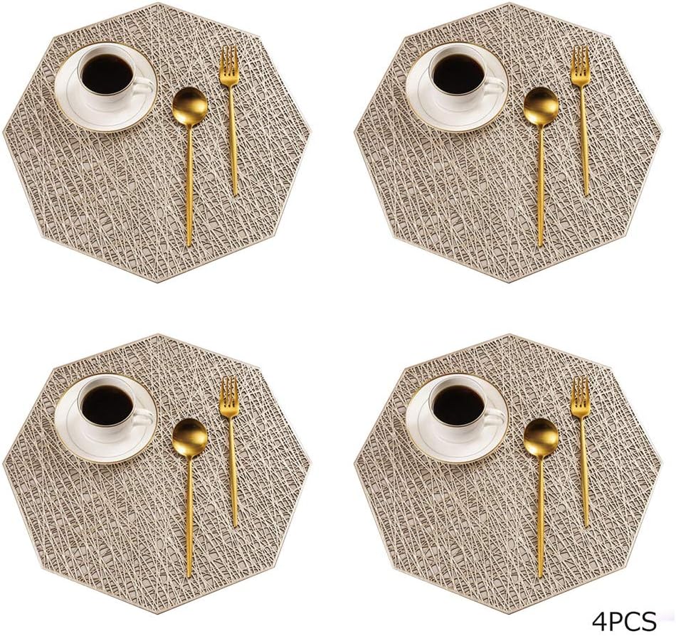 ELEG Metallic Pressed Vinyl Placemats, Octagonal Non Slip Waterproof Placemats for Dining Table,Set of 4 (Gold)
