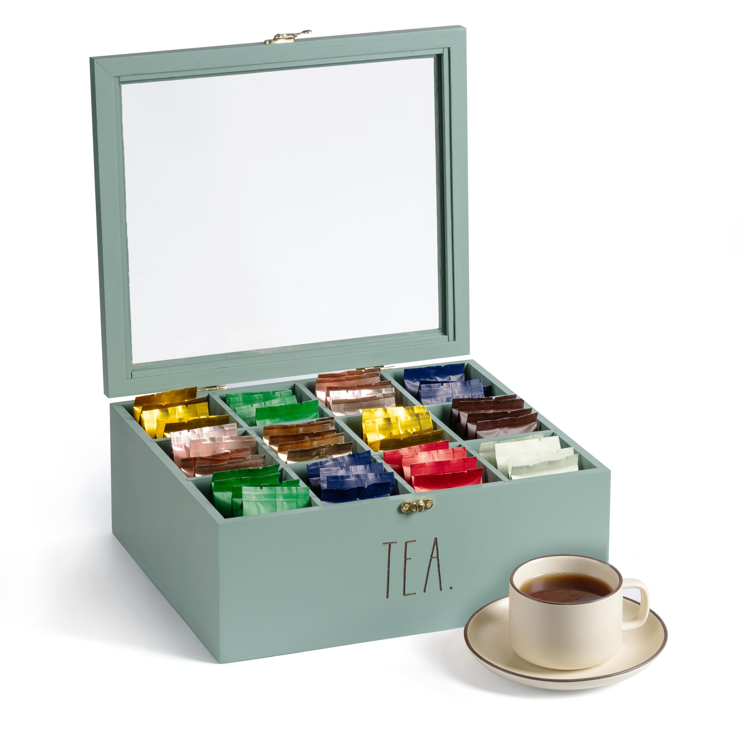 Photo 1 of Rae Dunn Tea Bag Organizer - Tea Box Divided Storage Container Box with Hinge Lid for Kitchen Cabinet, Countertop, Pantry, Hold Coffee Pods, Seasoning Packets, Condiments, Sage