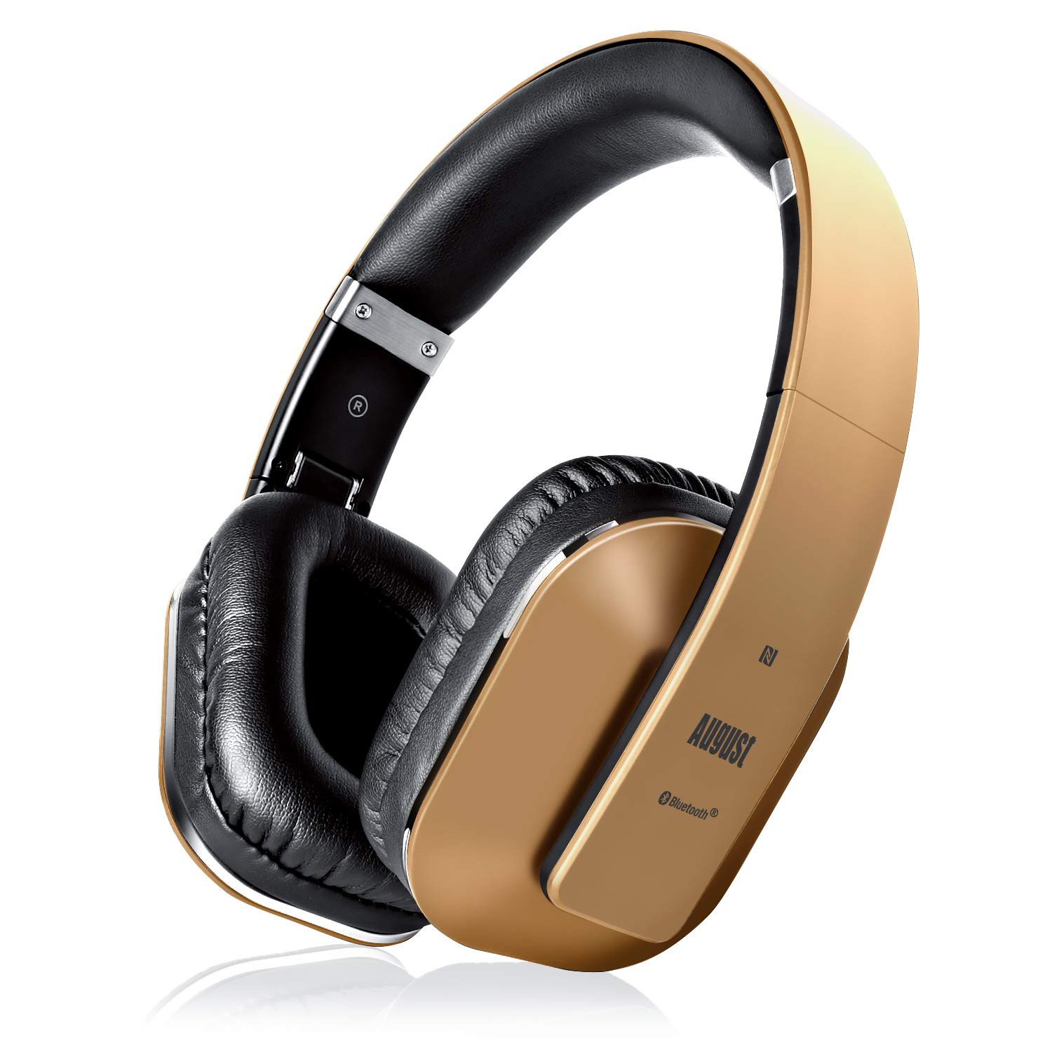 August EP650K Over-Ear Wireless Headphones with Mic – Bluetooth 5.1 Studio Headset with EQ, 20H Playtime, aptX LL, NFC Touch, Multi-Point for Two Devices, 3.5mm Aux, Adjustable Headband - Gold