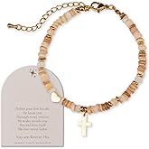 Cross Bracelet for Women, Gold Cross & Heart Christian Bracelet with Natural Shell Beads, Adjustable Christian Jewelry for Women, Spiritual Gifts, Christian Bracelets for Women with Gift Box