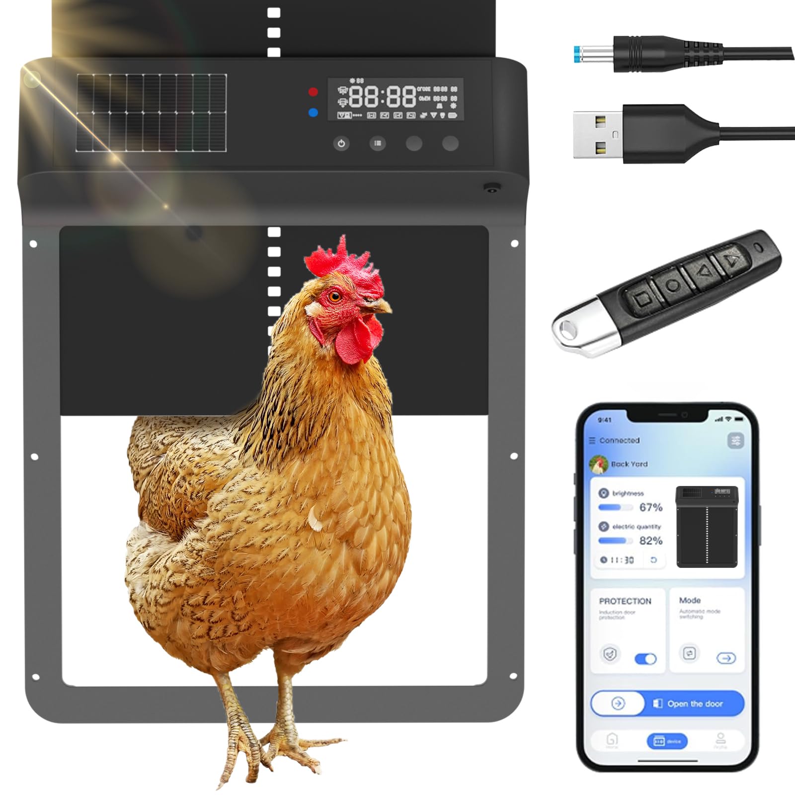 Photo 1 of ***MISSING POWER CORD*** Automatic Chicken Coop Door with App, Battery Solar Powered, Automatic Chicken Door with Timer & Light Sensor - App Remote Control, Anti-Pinch Safety Design & Durable Aluminum