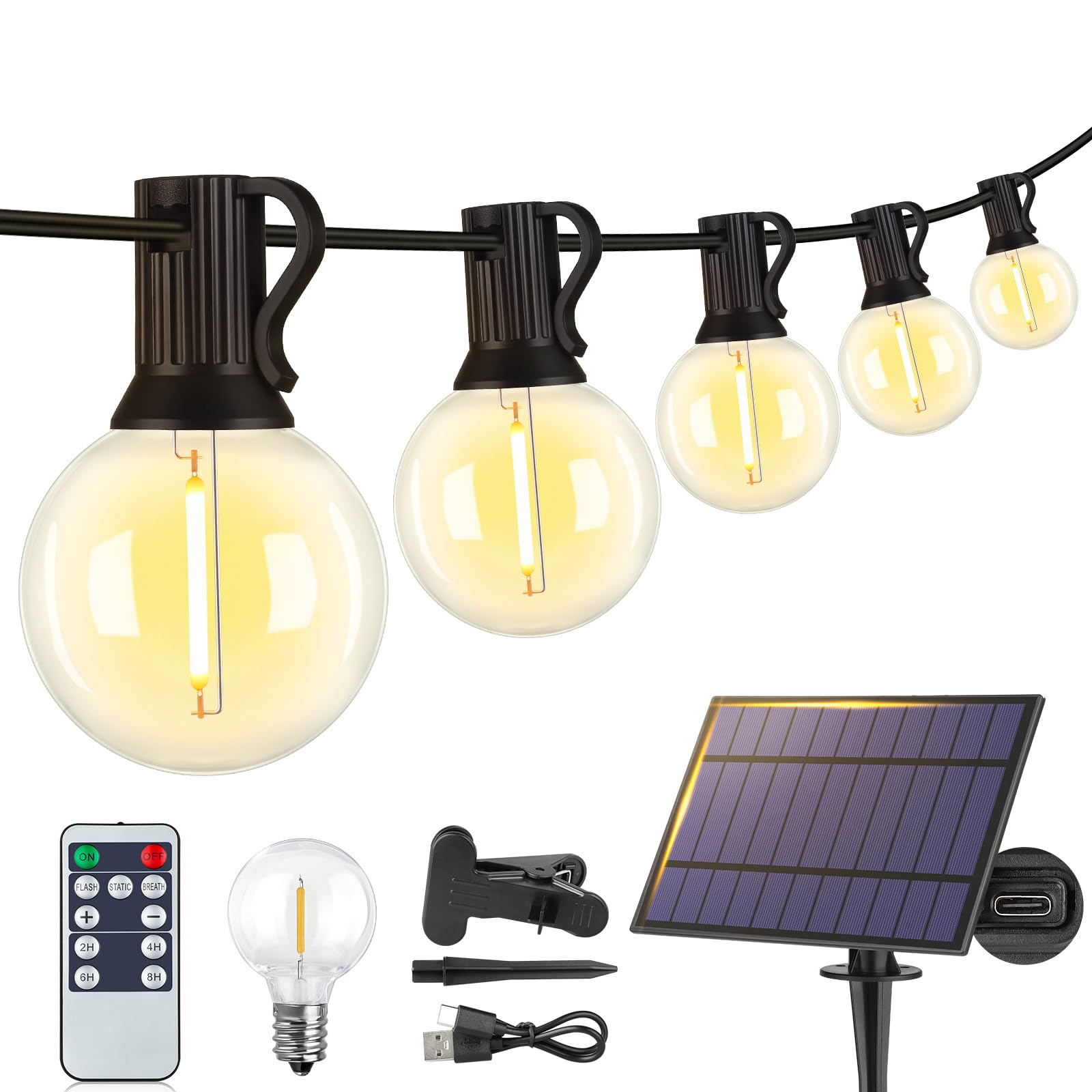 Photo 1 of Larkvue 25FT Solar String Lights Outdoor with Remote, Waterproof Dimmable 3 Modes Patio Lights with 10+1 LED Shatterproof G40 Bulbs for Backyard-Black