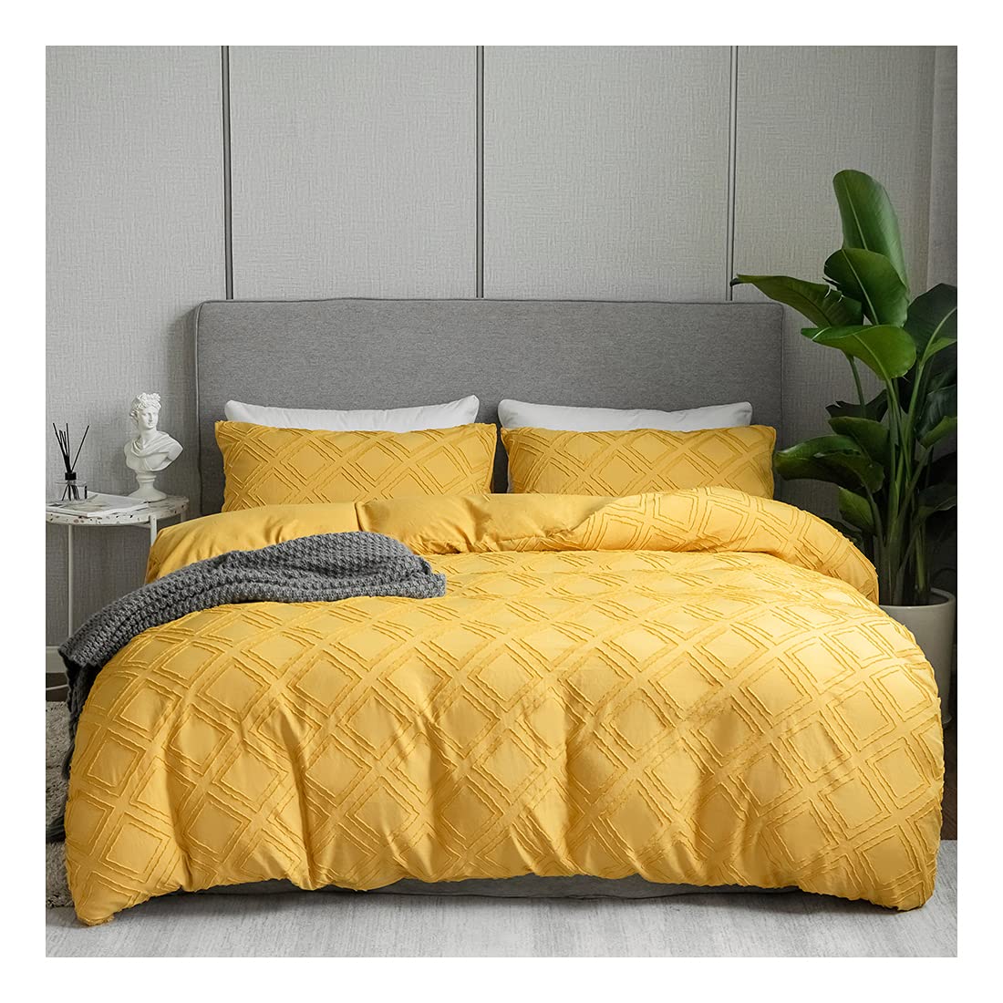 Embroidery Fabric Duvet Cover Set Soft Brushed Microfiber TC600 Duvet Quilt Comforter Cover Set Breathable All Seasons Premium Hotel Quality Bedding Set (Single (137x200cm), Mustard/Yellow)