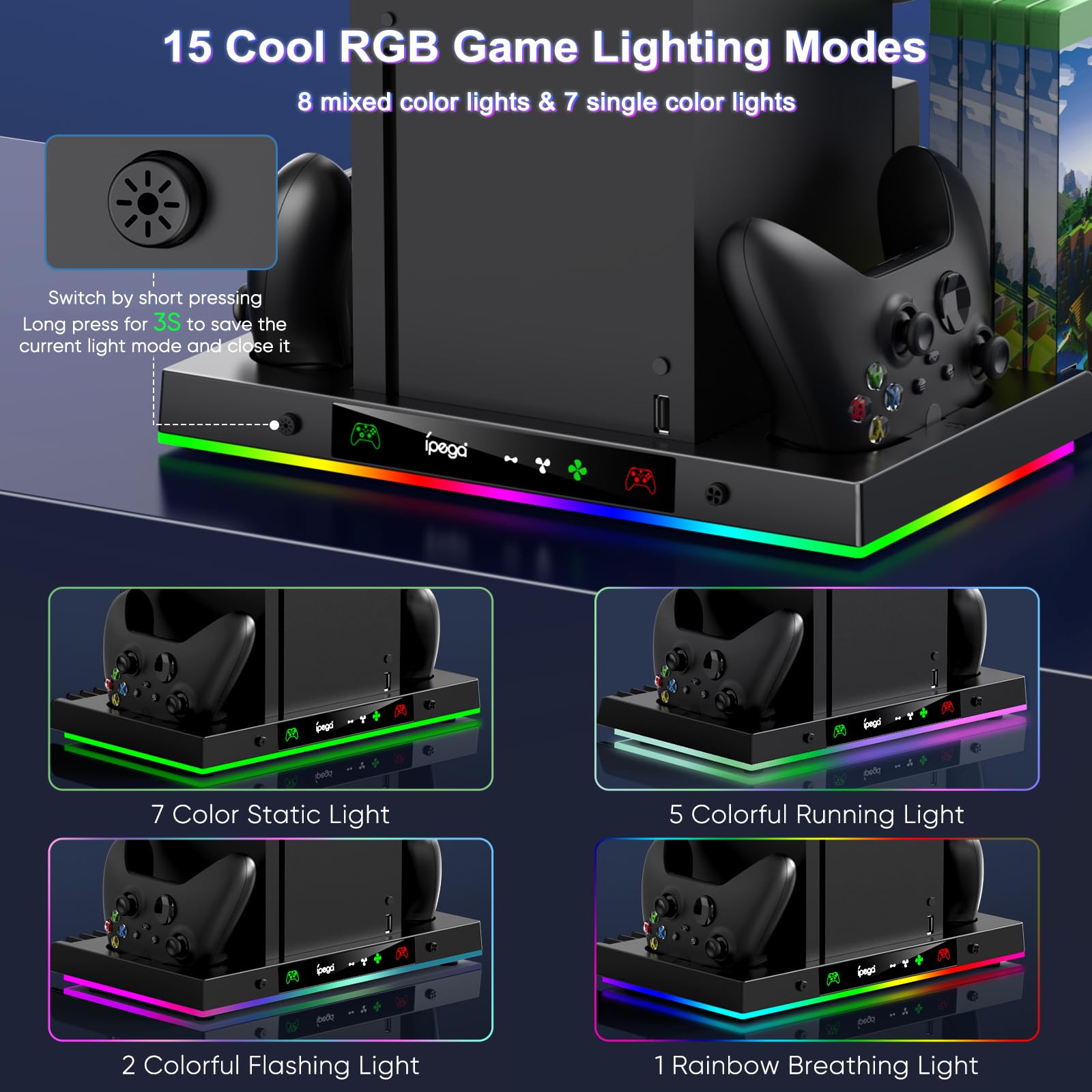 LED Cooling Stand and Charging Station for Xbox Series X Console ＆ Controller, Cooling Fan Station for Xbox Series X Accessories with 2X 1400mAh Rechargeable Controller Battery Pack, 15 Light Modes