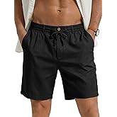 PLEPAN Mens Casual Linen Shorts - 7 inch Elastic Waist Drawstring Summer Beach Vacation Short