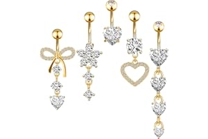 Guiqulai Belly Button Ring Gold 5 Pack Dangle Navel Belly Piercing Barbells Jewelry 14G for Women Stainless Steel
