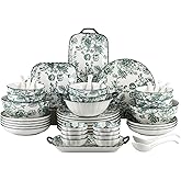FANGJING Ceramic Dinnerware Set, Series Kavara Ⅱ, (Green Rose) | 48 piece set (serving 8 people), Plates and Bowls Sets, Microwave &amp; Dishwasher Safe, Porcelain Dinnerware Set for Kitchen