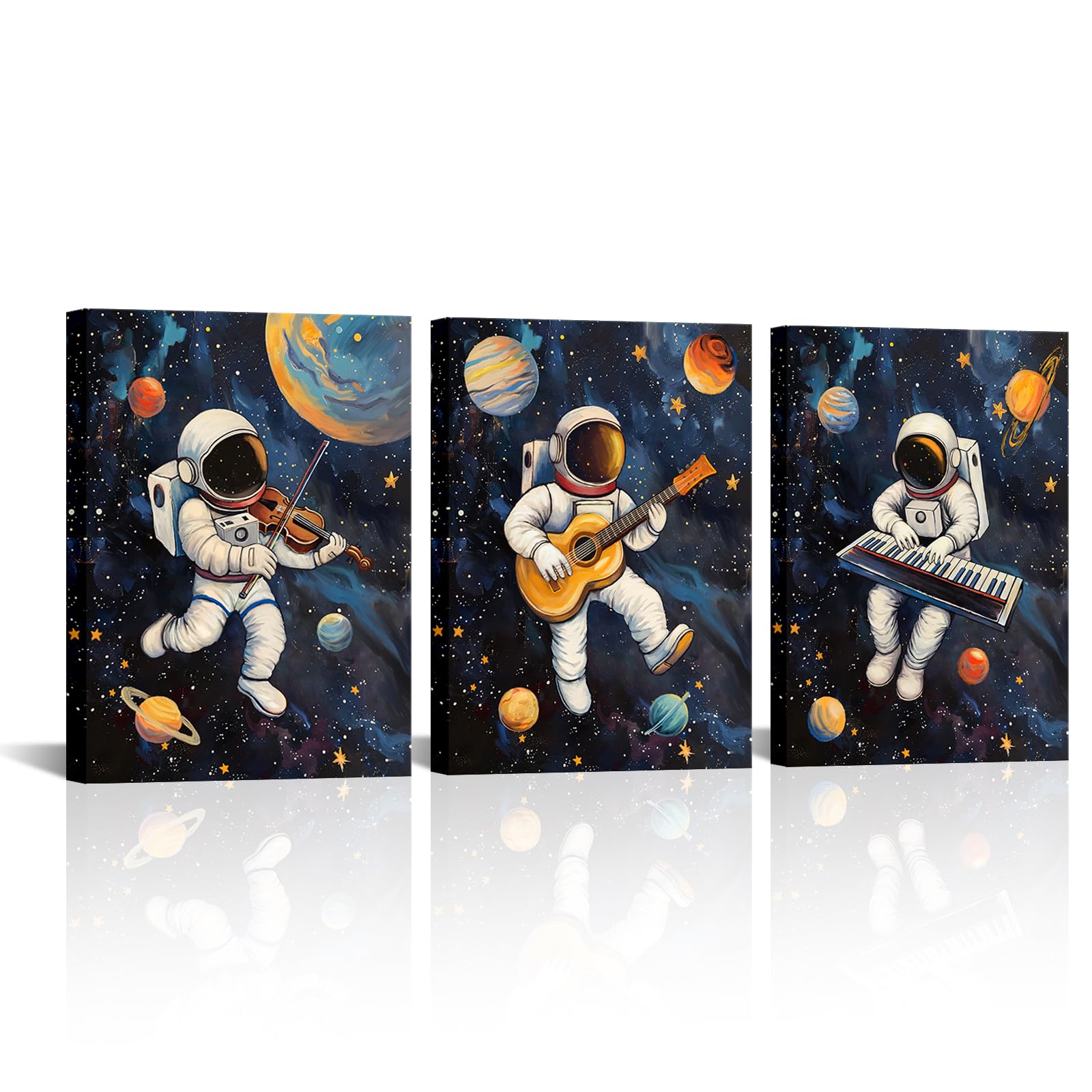 Photo 1 of Biuteawal 3 Panels Outer Space Wall Art Cute Astronaut Musician Play Piano Guitar Violin Picture Universe Canvas Painting Funny Art Boys Men Guys Dorm Living Room Decor