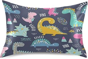 KEEPREAL Cute Funny Kids Dinosaurs Satin Pillowcase for Hair and Skin Silk Pillowcase - Satin Pillow Covers with Envelope Closure, Standard Size(20x26 inches)