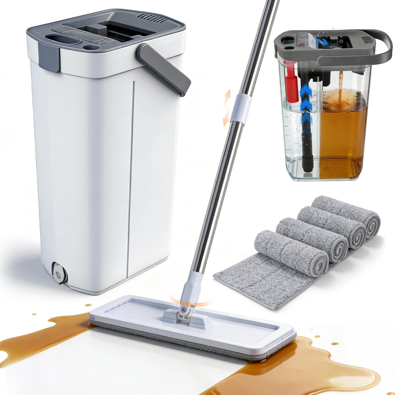 Photo 1 of MISSING MOP ----------------------Yotock Mop and Bucket Set, 50" Flat Mop and Bucket System for Floor Cleaning, Separate Dirty and Clean Water, 4 Microfiber Pads Included, Wet and Dry Use, for Cleaning All Floor Types and Windows