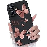 CASBST Compatible with iPhone 16 Phone Case, Fashion Flower Pattern Design Girls Women Liquid Silicone Cover, Slim Shockproof and Scratch-Resistant Soft Case for iPhone 16- Butterfly Black