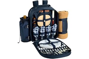 Picnic at Ascot - Deluxe Equipped 4 Person Picnic Backpack with Cooler, Insulated Wine Holder & Blanket - Trellis Blue