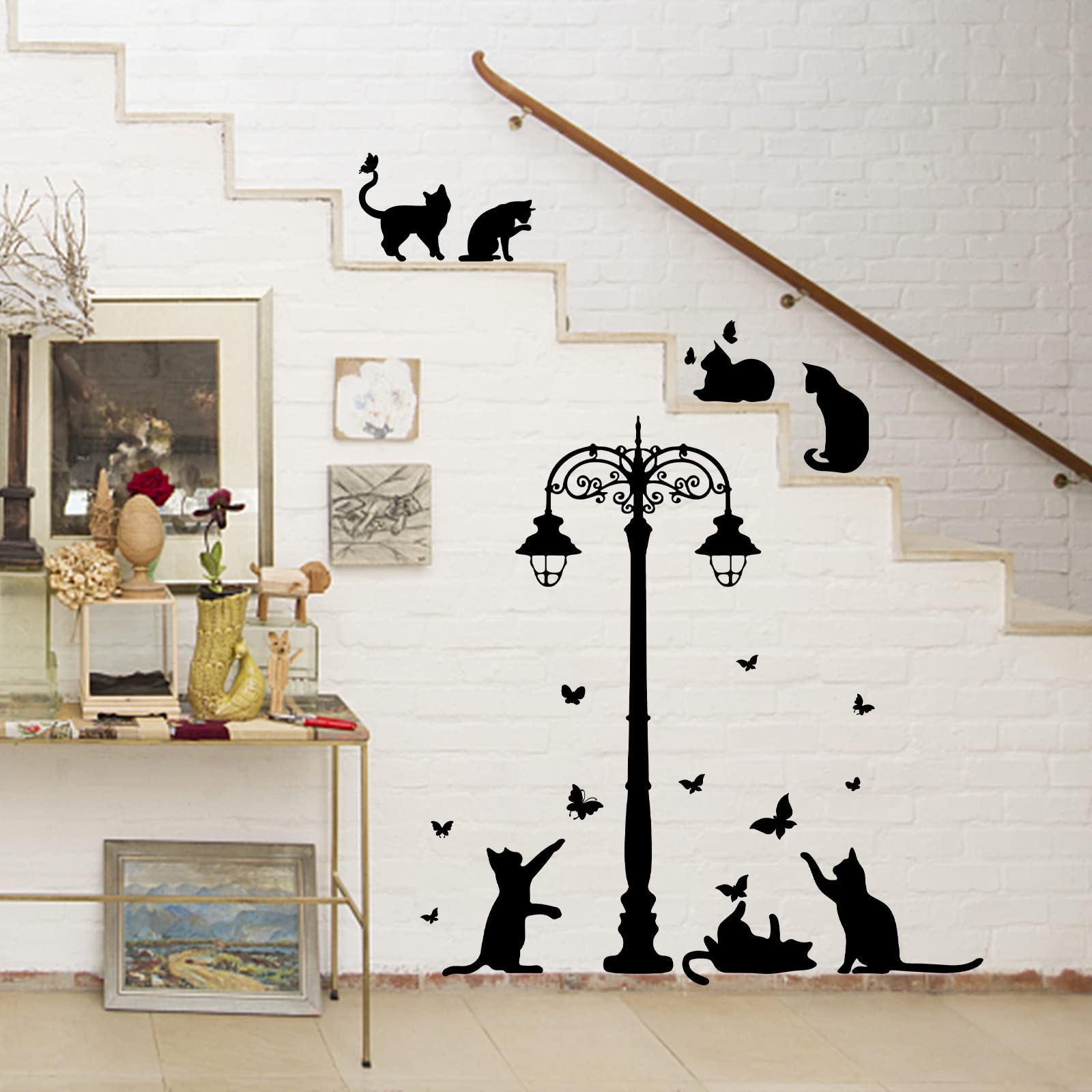 SUPERDANT Black Cat Stickers Silhouette Street Lights Butterfly Wall Decal Decor Art Vinyl Door Wallpaper for Bedroom Living Room Home Kid's Room Decorations Wall Sticker Vinyl Transfer