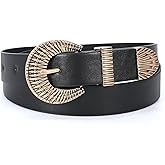 LEACOOLKEY Western Leather Belt for Women Vintage Design Buckle Waist Belt for Jeans Dress
