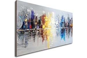 WINPEAK ART Large Hand Painted Abstract Reflection Cityscape Canvas Wall Art Modern Oil Painting Contemporary Decor Artwork (60 x 30 inch)