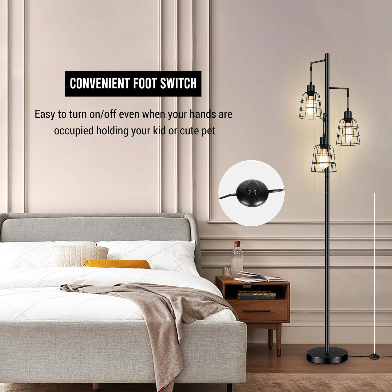 Industrial 3-Light Tree Floor Lamp with Cup-Shaped Cages Farmhouse Rustic Tall Standing Lamp for Living Room Vintage Elegant Black Pole Light with Edison E26 Base Metal Shade for Bedroom Office Hotel - - 