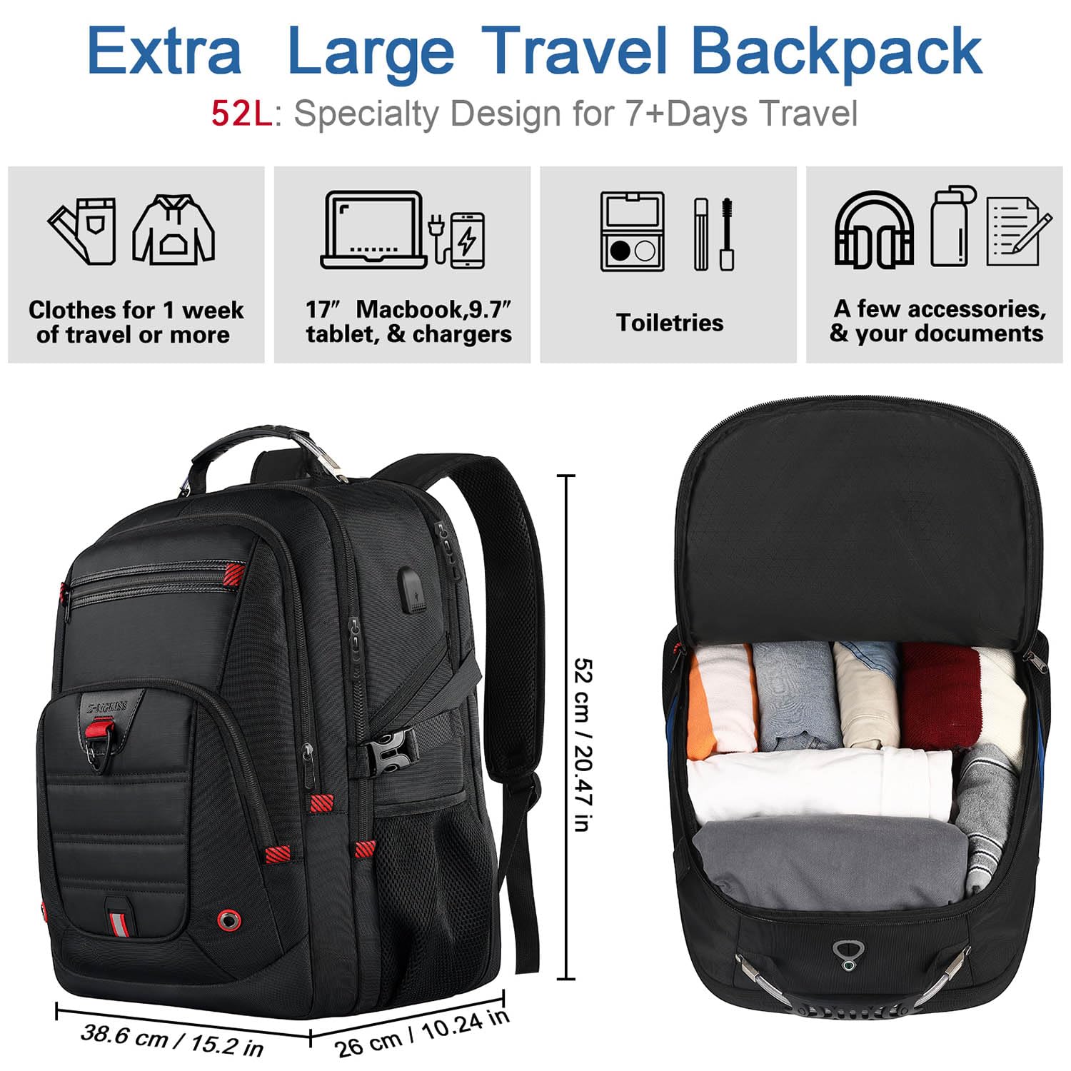 Z-MGKISS Extra Large Travel Backpack, 52L TSA Backpack 17.3 Inch, Anti-Theft 17 Inch Big Business Laptop Backpack for Men & Women, Water Resistant College Rucksack Bag with USB Port, Black