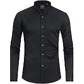 J.VER Men's Banded Collar Dress Shirt Mandarin Long Sleeve Button Down Shirts Stretch Collarless Tops with Pocket