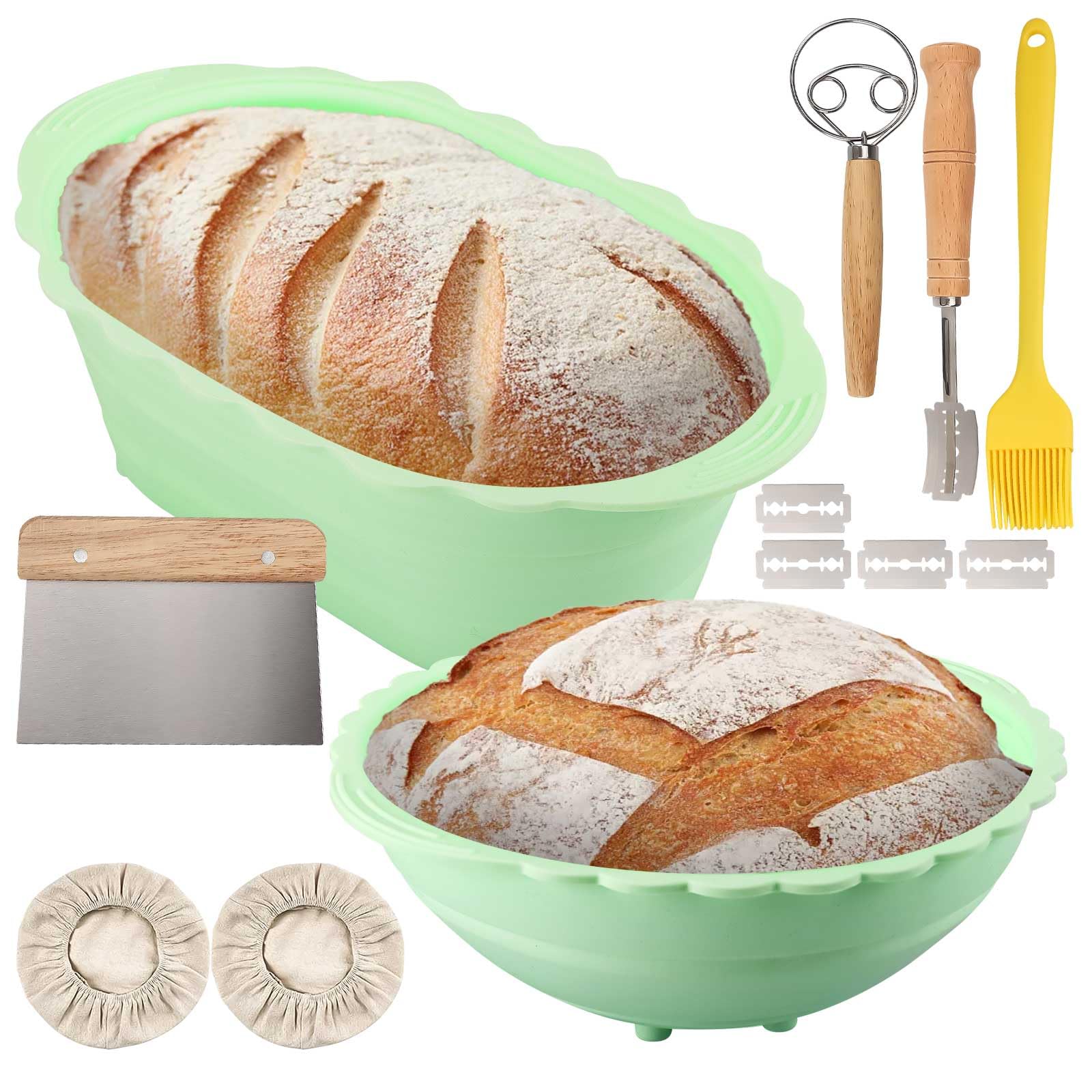BigKing Silicone Bread Proofing Baskets, 10inch Round + Oval Sourdough Baking Basket, Durable Foldable Complete Bread-Making Tools for Beginners (Green)